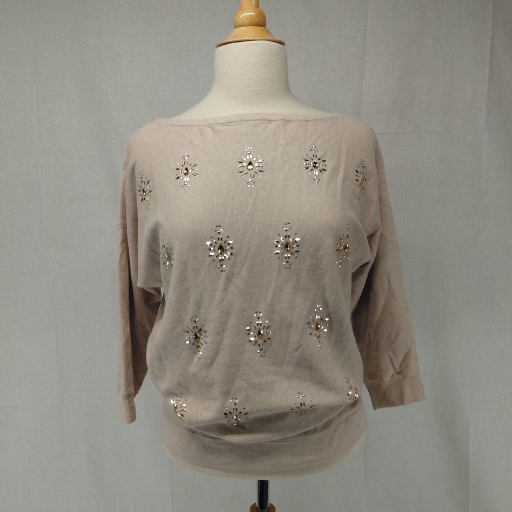 White House Black Market boat neck jeweled 3/4 sleeve sweater SZ M